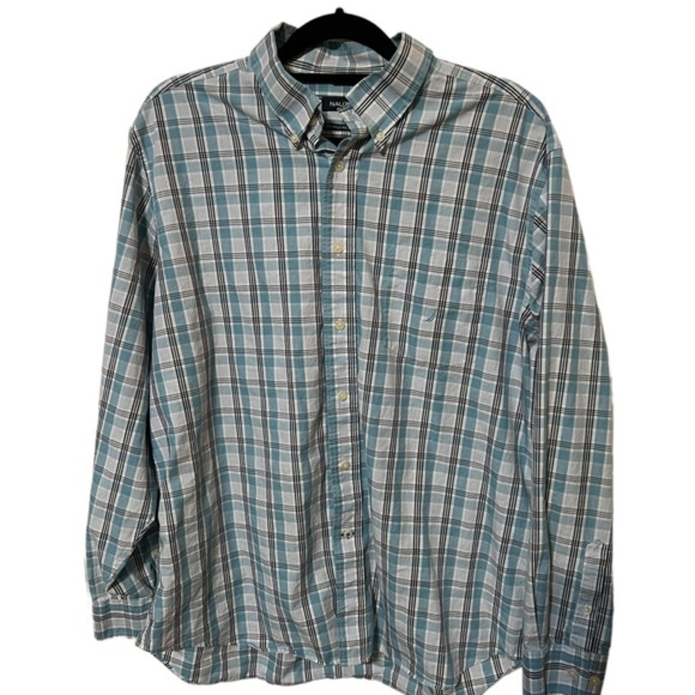 Nautica Blue and White Plaid Long Sleeve Button Down Top 100% Cotton Size XL